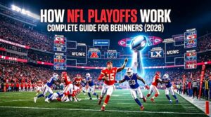 NFL Playoffs guide showing playoff bracket, football players, and championship trophy.