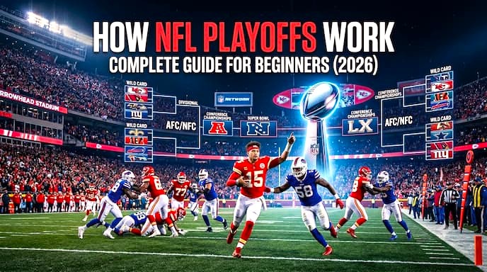 NFL Playoffs guide showing playoff bracket, football players, and championship trophy.
