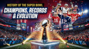 History of the Super Bowl featuring the Vince Lombardi Trophy and NFL championship moments.