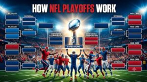 NFL Playoffs guide showing playoff bracket, football players, and championship trophy.